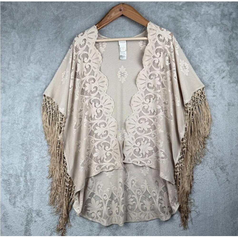 Chico’s Vintage Elegant Lace Fringe Ruana/Topper/Shawl